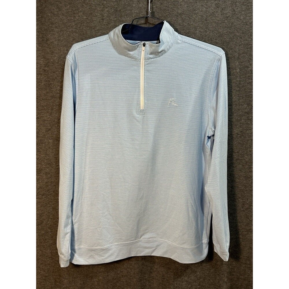 Rhoback Quarter Zip Performance Sweater Light Blue Striped Logo Mens Size Medium